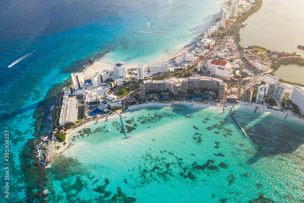 Aerial view of hotel resorts at Punta Cancun in Cancun, Mexico.